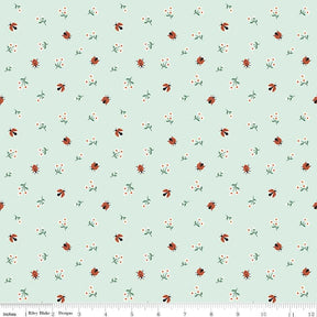 a repeating pattern of small green leaves and orange ladybugs on a light blue background.