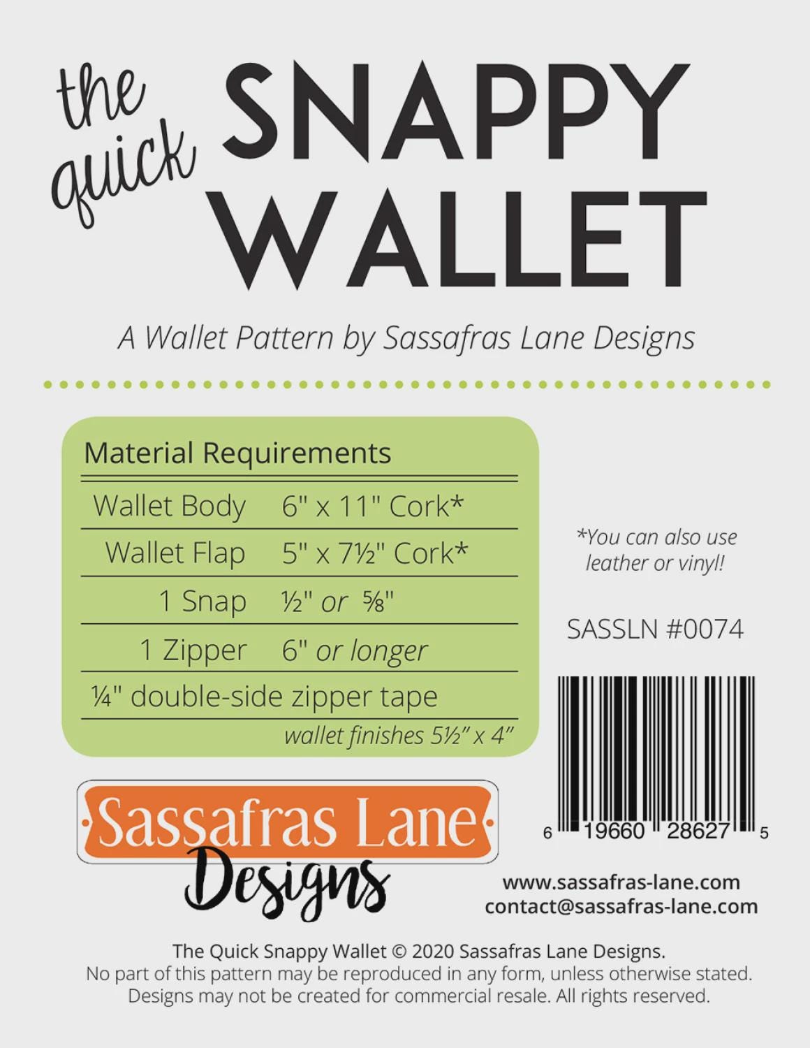 The Quick Snappy Wallet Pattern by Sassafras Lane SASSLN 0074 Finished Size 5 1/2" x 4" Bin MP