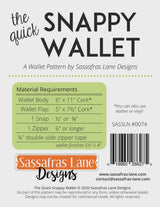 The Quick Snappy Wallet Pattern by Sassafras Lane SASSLN 0074 Finished Size 5 1/2" x 4" Bin MP