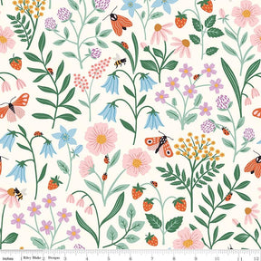 The image is a vibrant and colorful pattern featuring various flowers, leaves, and insects. The flowers are depicted in shades of pink, blue, and orange, while the leaves are green and the insects are black and orange. The pattern is a lively and dynamic representation of nature, with each element contributing to the overall visual appeal.