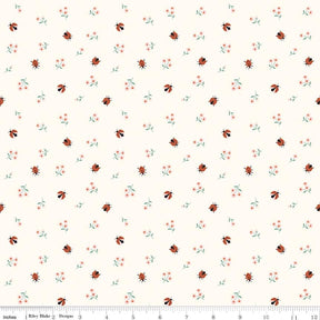 a repeating pattern of small ladybugs and flowers on a light background.