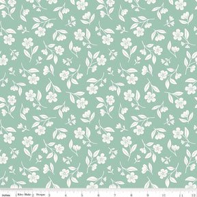 a repeating pattern of white flowers and leaves on a light green background.
