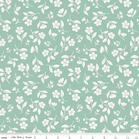 a repeating pattern of white flowers and leaves on a light green background.
