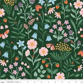 The image is a vibrant and colorful pattern featuring various flowers, leaves, and insects against a dark green background.