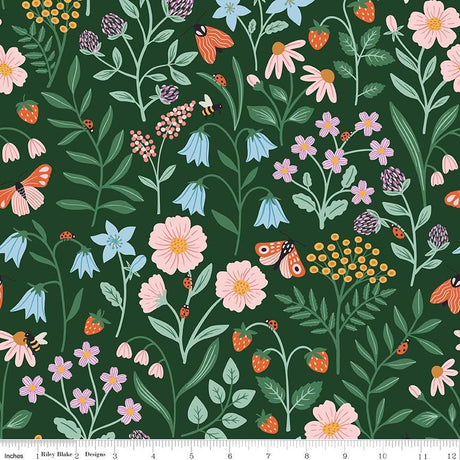 The image is a vibrant and colorful pattern featuring various flowers, leaves, and insects against a dark green background.
