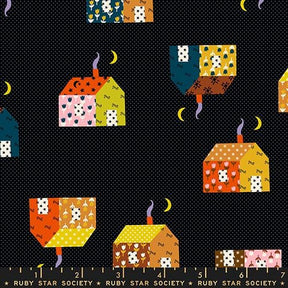 The image is a collage of various colorful houses and crescent moons against a dark background.