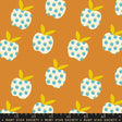 a repeating pattern of stylized blue and white apples against a warm orange background.
