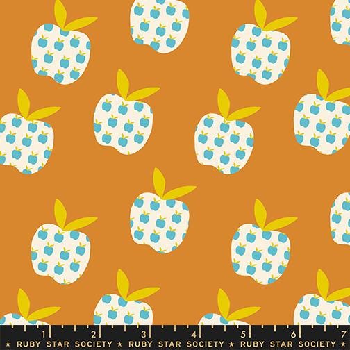 a repeating pattern of stylized blue and white apples against a warm orange background.