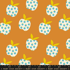a repeating pattern of stylized blue and white apples against a warm orange background.