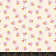 a repeating pattern of pink flowers and yellow flowers on a light beige background.
