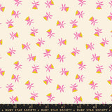 a repeating pattern of pink flowers and yellow flowers on a light beige background.