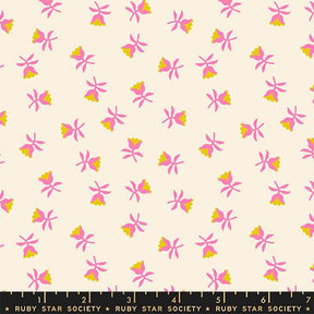 a repeating pattern of pink flowers and yellow flowers on a light beige background.