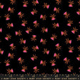 a repeating pattern of pink flowers against a black background.