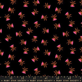 a repeating pattern of pink flowers against a black background.