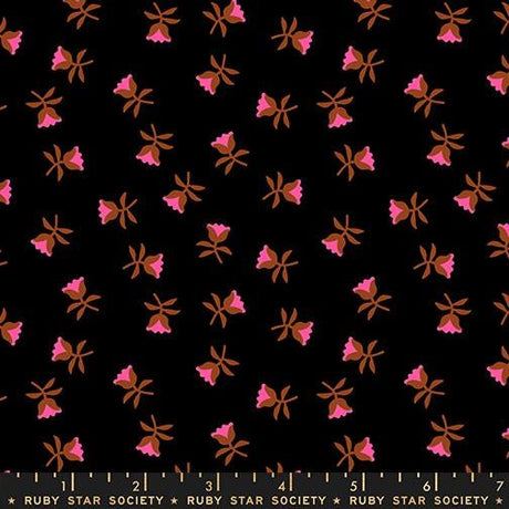 a repeating pattern of pink flowers against a black background.