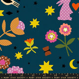 The image is a vibrant and whimsical collage featuring various colorful flowers, stars, and other celestial elements against a dark blue background.