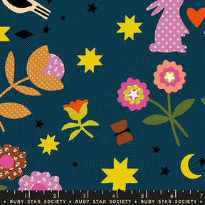 The image is a vibrant and whimsical collage featuring various colorful flowers, stars, and other celestial elements against a dark blue background.