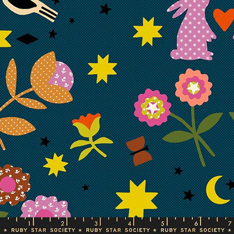 The image is a vibrant and whimsical collage featuring various colorful flowers, stars, and other celestial elements against a dark blue background.