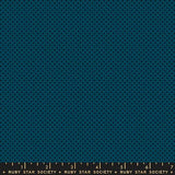 The image is a close-up of a dark blue fabric with a pattern of small black dots, resembling a polka dot design.