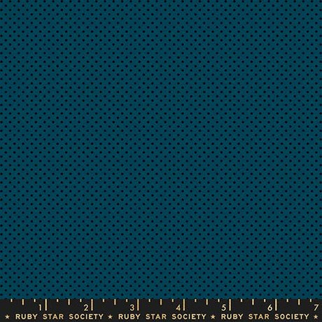 The image is a close-up of a dark blue fabric with a pattern of small black dots, resembling a polka dot design.