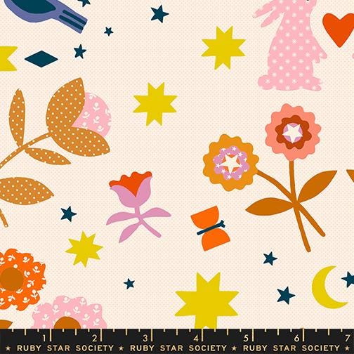 The image is a vibrant and whimsical collage featuring various colorful and stylized elements, including flowers, stars, and a rabbit.