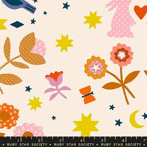 The image is a vibrant and whimsical collage featuring various colorful and stylized elements, including flowers, stars, and a rabbit.