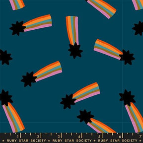 a pattern of colorful rainbows and stars against a dark blue background.
