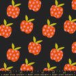 a pattern of stylized apples with green leaves against a dark background.