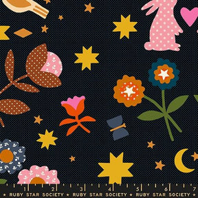 The image is a vibrant and whimsical collage featuring various colorful flowers, stars, and a rabbit against a dark blue background.