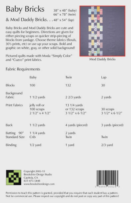 Baby Bricks & Mod Daddy Bricks Quilt Pattern 07719-N From Brookshier Design Studio By Tracey Brookshier, Baby - Bricks: Baby, Twin, Lap