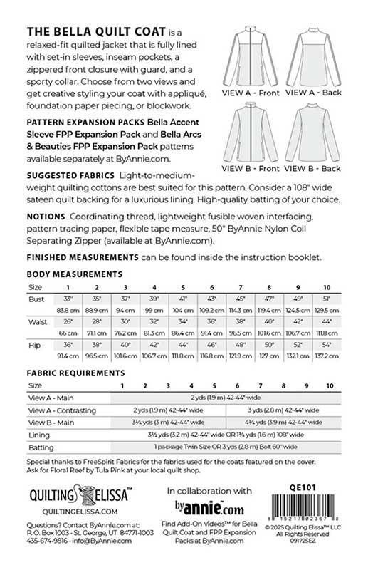 Bella Quilt Coat PBA QE101 Sewing Pattern by Annie