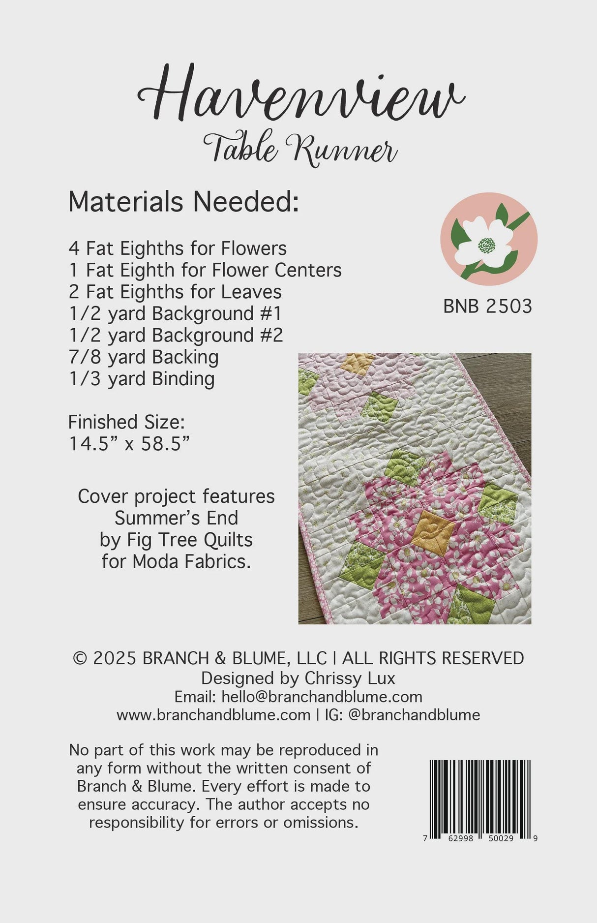Havenview Table Runner Pattern BNB 2503 by Chrissy Lux for Branch and Blume 14.5"x 58.5"