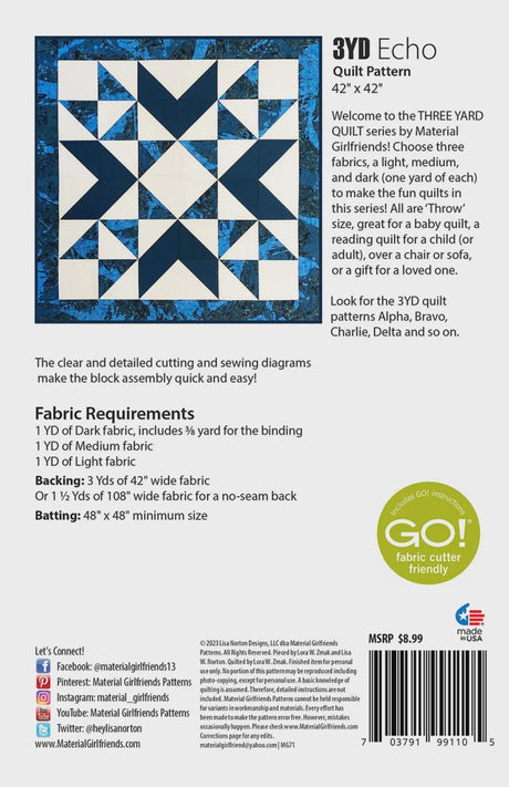 3YD Echo Quilt Printed Pattern by Material Girlfriends MG71 42" x 42"