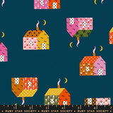 The image is a collage of various colorful houses and crescent moons against a dark blue background.