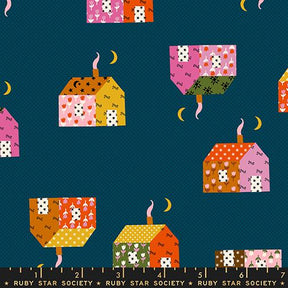 The image is a collage of various colorful houses and crescent moons against a dark blue background.