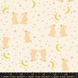 a pattern of pink and yellow rabbits and crescent moons against a starry night sky background.