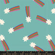 a pattern of colorful rainbows and stars against a teal background.