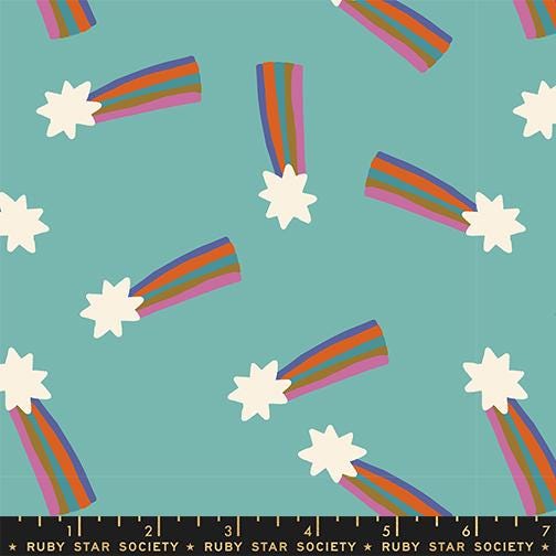 a pattern of colorful rainbows and stars against a teal background.