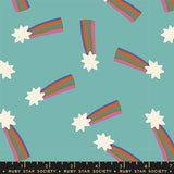 a pattern of colorful rainbows and stars against a teal background.