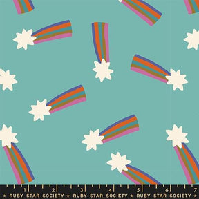 a pattern of colorful rainbows and stars against a teal background.