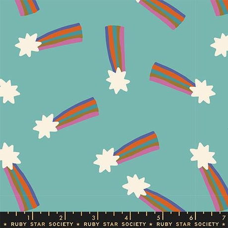 a pattern of colorful rainbows and stars against a teal background.