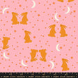 a pattern of rabbits and crescent moons against a pink background with stars.