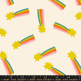 a repeating pattern of yellow stars and rainbow-colored lines, creating a visually appealing and playful design.