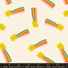a repeating pattern of yellow stars and rainbow-colored lines, creating a visually appealing and playful design.