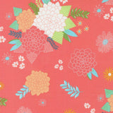 a vibrant and colorful floral pattern with various flowers and leaves in shades of pink, orange, and green against a red background.