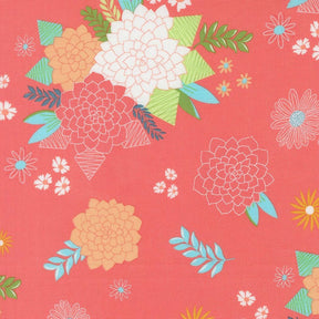 a vibrant and colorful floral pattern with various flowers and leaves in shades of pink, orange, and green against a red background.