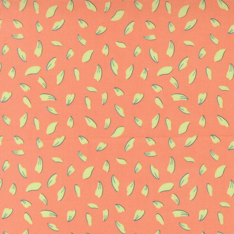 a repeating pattern of yellow and green leaf shapes on a peach-colored background.
