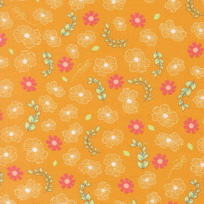 a repeating pattern of yellow flowers and green leaves on a light orange background.