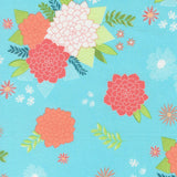 a vibrant and colorful floral pattern with various flowers and leaves in shades of red, pink, and white against a light blue background.