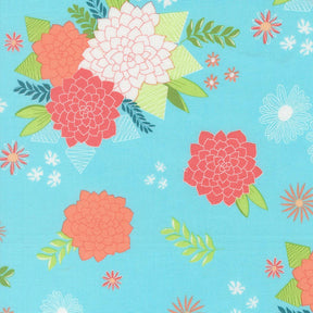 a vibrant and colorful floral pattern with various flowers and leaves in shades of red, pink, and white against a light blue background.
